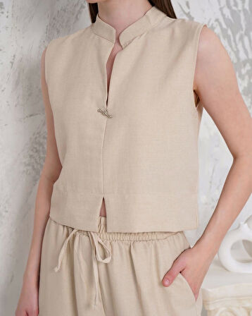 Broşlu Yelek Pantolon Takım Bej S255821