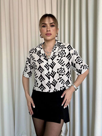 Siyah Beyaz Baskılı Crop Gömlek