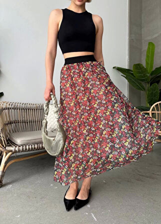 Baskılı Astarlı Uzun Etek