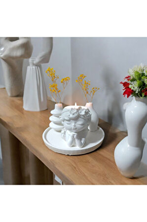 Dekoratif Çiçekli Kız Figürlü Tealight Mumluk, Modern Vazo Seti ve Yuvarlak Tepsi