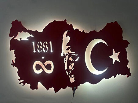 Özel Atatürk ve Türkiye Haritası Led Işıklı Tasarım Tablo Ahşap Dekorotif Duvar Tablosu