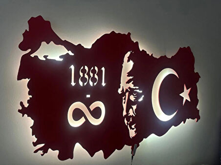 Özel Atatürk ve Türkiye Haritası Led Işıklı Tasarım Tablo Ahşap Dekorotif Duvar Tablosu