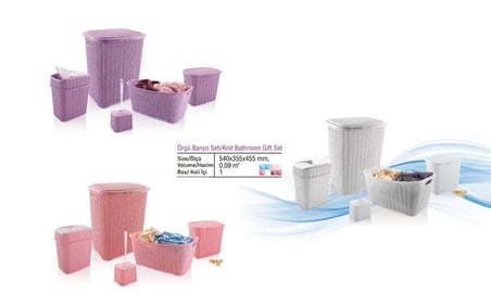 5 Parça Örgü Desenli Plastik Banyo Seti Çamaşır Sepeti Deterjanlık Çöp Kovası Klozet Fırçası - Gri