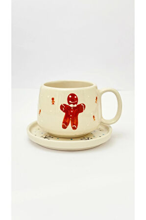 Tabaklı Yılbaşı Bisküvisi El Yapımı Seramik Kupa, Seramik, Double Türk Kahvesi, Nescafe Fincanı