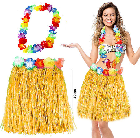 Parti Aksesuar Hawaii Luau Aloha Sarı Püsküllü 50 cm Etek ve Hawaii Kolye Seti