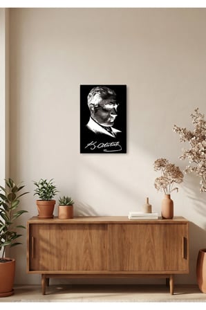 Atatürk İmzalı Siyah Beyaz Dekoratif Tablo – Ahşap & Metal Duvar Tablosu | Modern & Minimal Tasarım