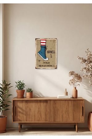 Happiness Retro Tablo – Vintage Yazılı Dekoratif Poster | Ahşap & Metal Seçenekli