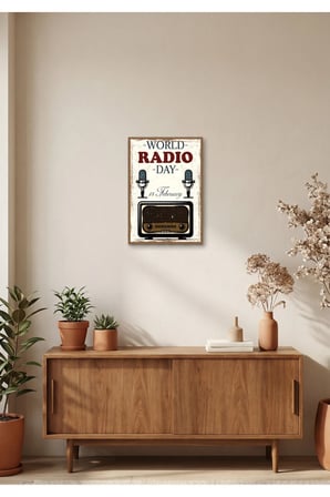 “World Radio Day” Retro Radyo Tablo – Vintage Radyo Temalı Dekoratif Duvar Tablosu | Ahşap & Metal Baskı