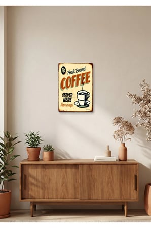 “Fresh Brewed Coffee” Retro Tablo – Vintage Kahve Temalı Dekoratif Duvar Tablosu | Ahşap & Metal Baskı
