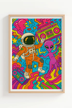Uzay Partisi 2’li Ahşap Çerçeveli Tablo Seti - Renkli Pop Art Dekoru