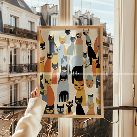 Minimalist Kedi Tasarımlı 2'li Ahşap Çerçeveli Tablo Seti-30x42