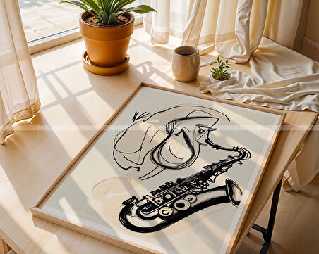 Soyut Saksafon Çalan Figürler 2'li Minimalist Ahşap Tablo Seti-21x30
