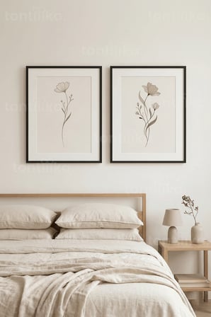 Sakin Minimalist Çiçek Çizimleri 2’li Ahşap Çerçeveli Tablo Seti