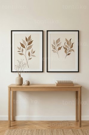 Minimalist Botanik Yaprak Desenli 2’li Ahşap Çerçeveli Tablo Seti