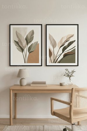 Minimalist Botanik Yaprak Desenli 2’li Ahşap Çerçeveli Tablo Seti