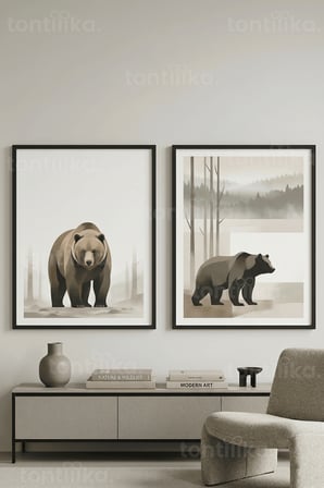 Minimalist Ayı ve Doğa Sanatı 2’li Ahşap Çerçeveli Tablo Seti