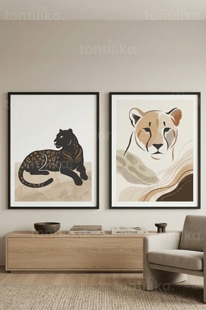 Modern Safari Temalı Büyük Kedi Portreleri 2’li Ahşap Çerçeveli Tablo Seti