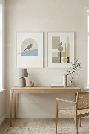 Minimalist Kuş Figürleri 2’li Ahşap Çerçeveli Tablo Seti