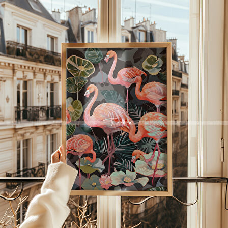 Retro Flamingo ve Zürafa 2'li Çerçeveli Ahşap Tablo Seti-21x30