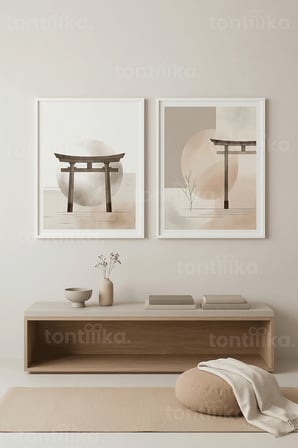 Japon Zen Torii Kapıları ve Minimalist Doğa 2’li Ahşap Çerçeveli Tablo Seti