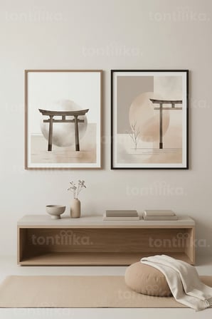 Japon Zen Torii Kapıları ve Minimalist Doğa 2’li Ahşap Çerçeveli Tablo Seti