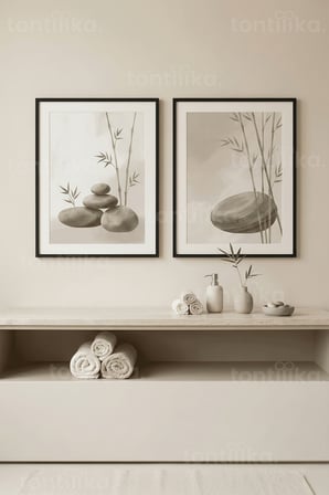 Zen Doğası Bambu ve Denge Taşları 2’li Ahşap Çerçeveli Tablo Seti