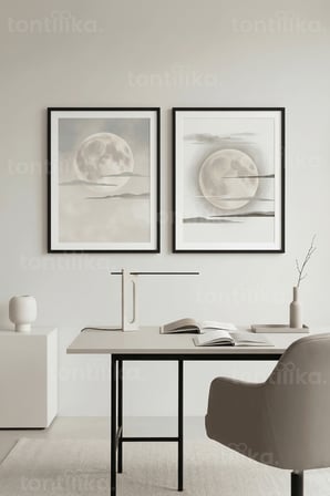 Minimalist Ay ve Bulut Manzarası 2’li Ahşap Çerçeveli Tablo Seti