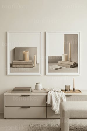 Sakin İskandinav Kitap ve Mum Temalı Minimalist 2’li Ahşap Çerçeveli Tablo Seti