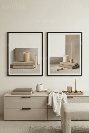 Sakin İskandinav Kitap ve Mum Temalı Minimalist 2’li Ahşap Çerçeveli Tablo Seti