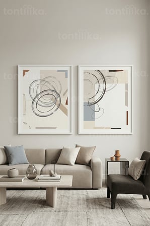 Modern Soyut Daireler ve Geometrik Formlar 2’li Ahşap Çerçeveli Tablo Seti