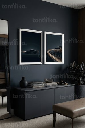 Işık İzli Modern Otomobil Temalı 2’li Ahşap Çerçeveli Tablo Seti