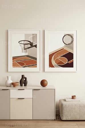 Minimalist Basketbol Sahası 2’li Ahşap Çerçeveli Tablo Seti
