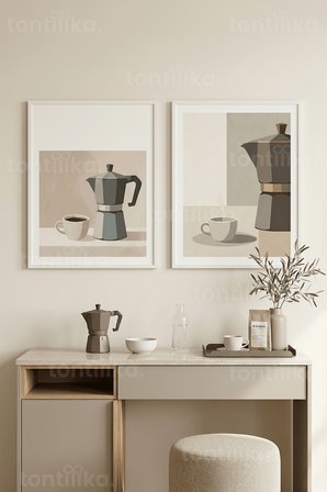 Sakin Kahve Anları Temalı Moka Pot ve Fincan 2’li Ahşap Çerçeveli Tablo Seti