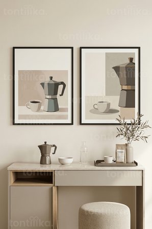 Sakin Kahve Anları Temalı Moka Pot ve Fincan 2’li Ahşap Çerçeveli Tablo Seti