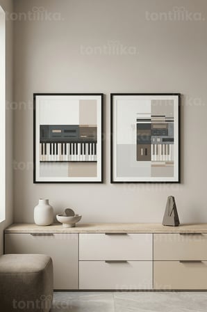 Minimalist Sentezleyici ve Geometrik Desenler 2’li Ahşap Çerçeveli Tablo Seti
