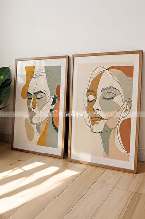 Soyut Yüz Çizimleri Ahşap Çerçeveli 2'li Tablo Seti - 30x42