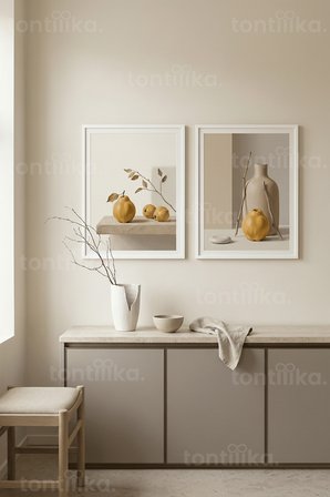 Doğal Tonlarda Minimalist Armut ve Kuru Dal Natürmort 2’li Ahşap Çerçeveli Tablo Seti