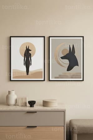 Mistik Mısır Anubis Figürlü 2’li Ahşap Çerçeveli Tablo Seti