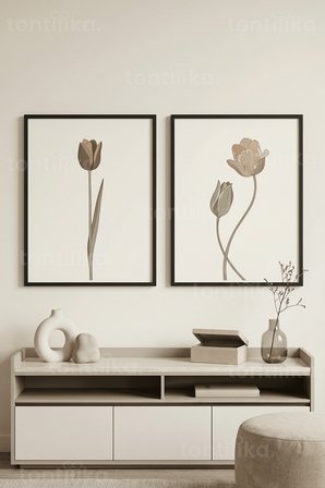 Minimalist Toprak Tonları Lale Desenli 2’li Ahşap Çerçeveli Tablo Seti