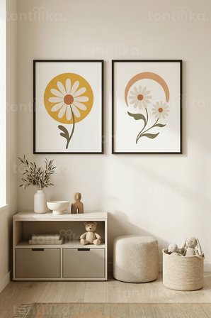 Minimalist Bohem Papatya Çiçekleri 2’li Ahşap Çerçeveli Tablo Seti