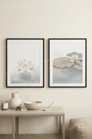 Lotus Çiçekleri ve Nilüfer Yaprakları 2’li Ahşap Çerçeveli Tablo Seti
