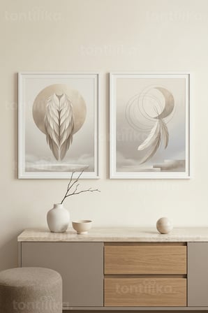 Göksel Tüy ve Ay Temalı Modern Minimalist 2’li Ahşap Çerçeveli Tablo Seti