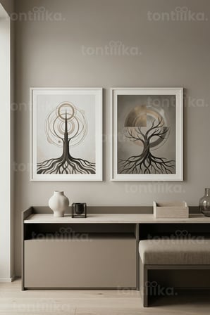Modern Soyut Ağaç ve Geometrik Desenler 2’li Ahşap Çerçeveli Tablo Seti