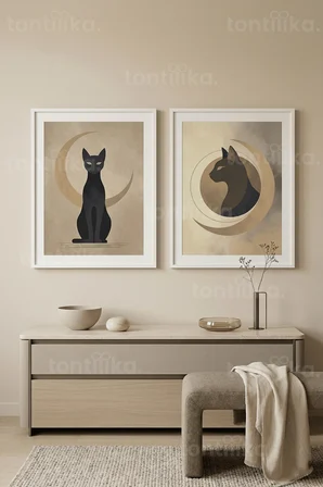 Mistik Kedi ve Ay Temalı 2’li Ahşap Çerçeveli Tablo Seti
