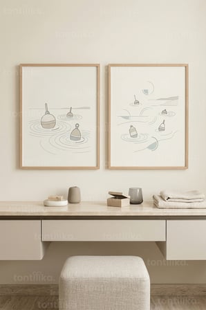 Minimalist Şamandıralar ve Sakin Dalgalar 2’li Ahşap Çerçeveli Tablo Seti
