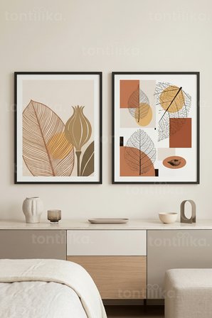 Doğal Yaprak Motifleri ve Geometrik Desenler 2’li Ahşap Çerçeveli Tablo Seti