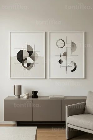 Minimalist Geometrik Kompozisyon 2’li Ahşap Çerçeveli Tablo Seti