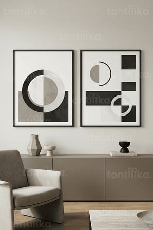 Modern Geometrik Soyut Sanat Kompozisyonları 2’li Ahşap Çerçeveli Tablo Seti
