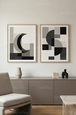 Minimalist Geometrik Formlar ve Ay Motifli 2’li Ahşap Çerçeveli Tablo Seti