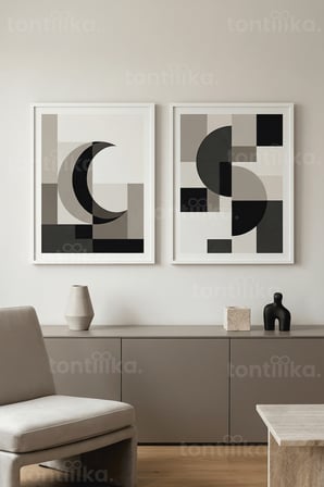Minimalist Geometrik Formlar ve Ay Motifli 2’li Ahşap Çerçeveli Tablo Seti